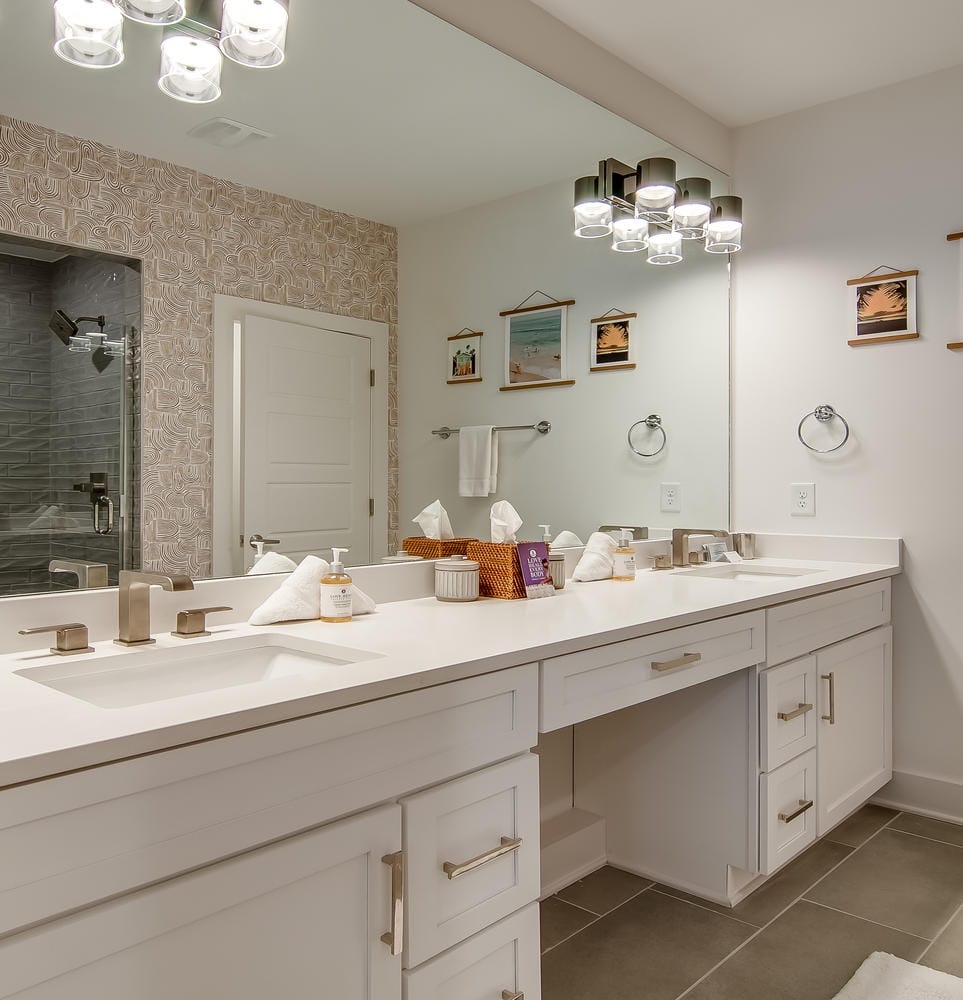 Modern bathroom with double sinks.