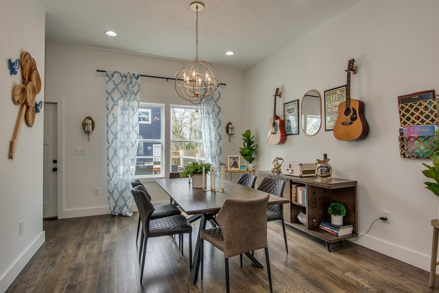 Modern dining room with musical decor.