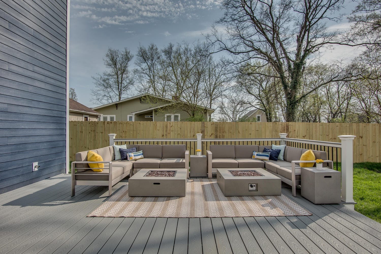 Outdoor patio with large seating area.