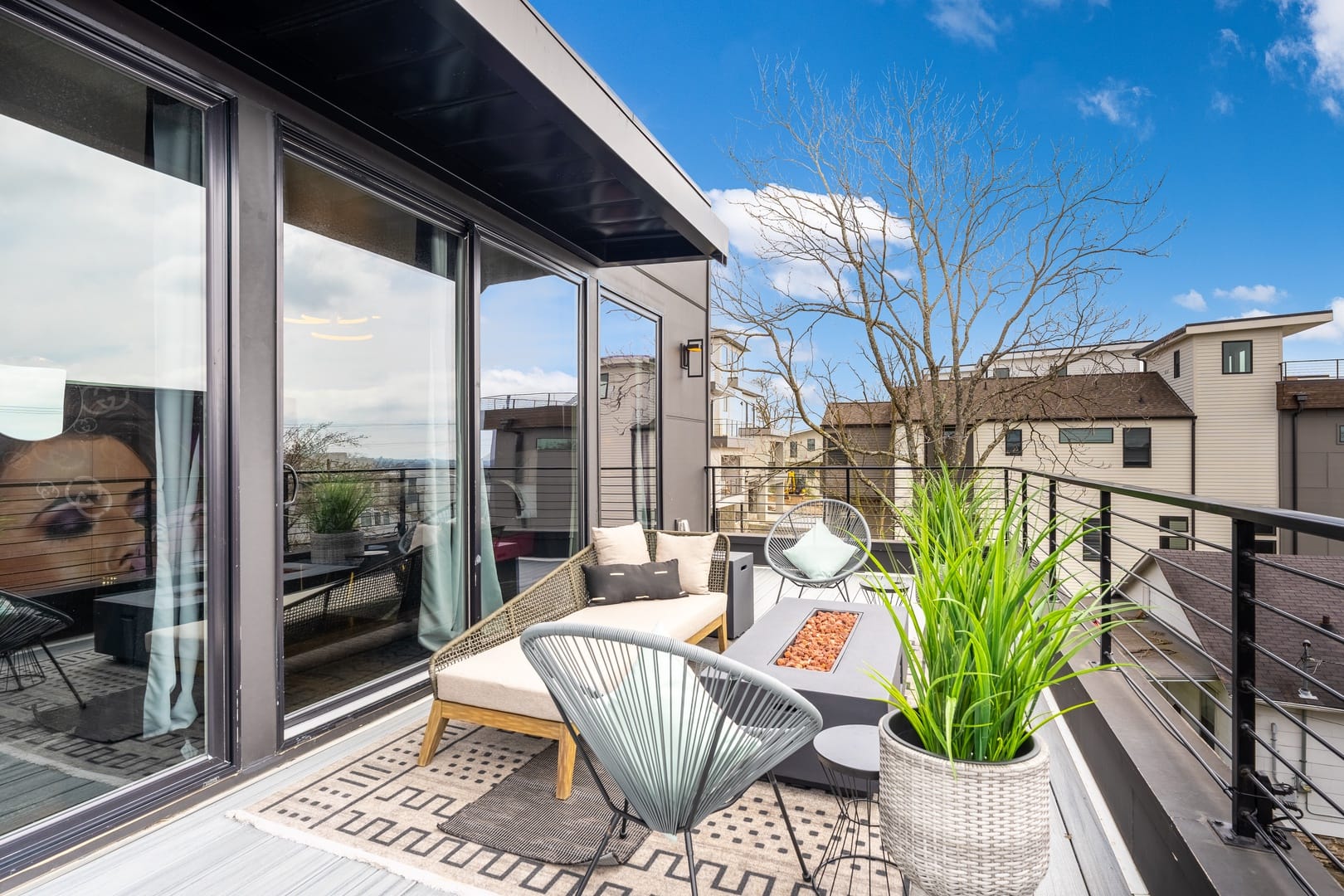 Modern patio with outdoor seating.