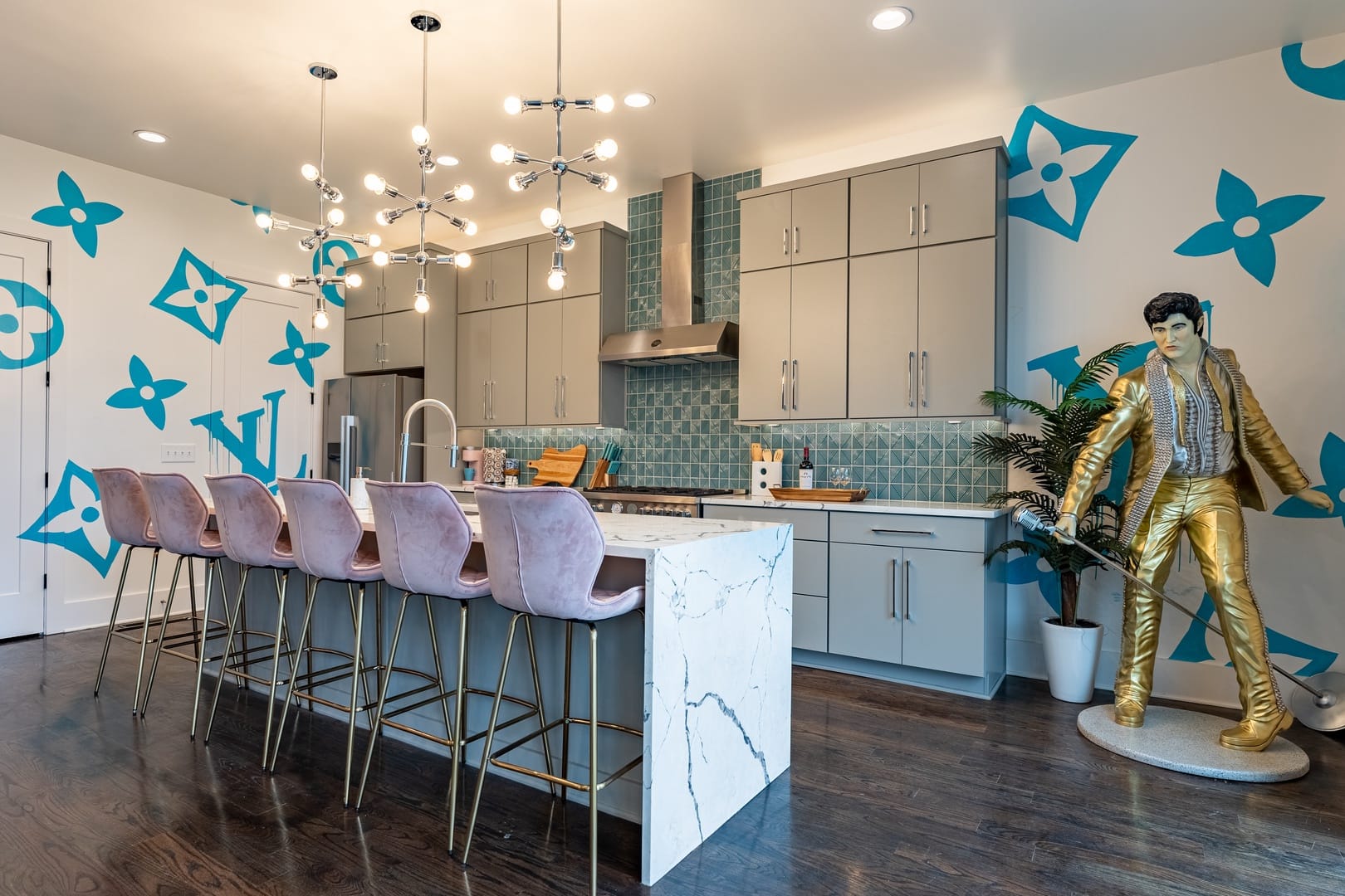 Stylish kitchen with Elvis statue.