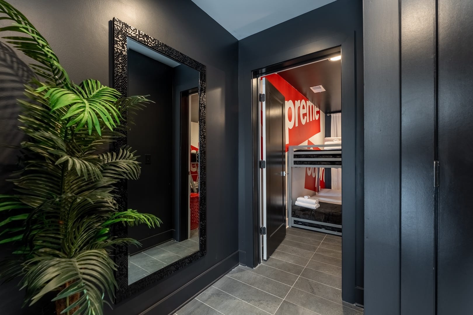 Modern hallway with bedroom doorway.