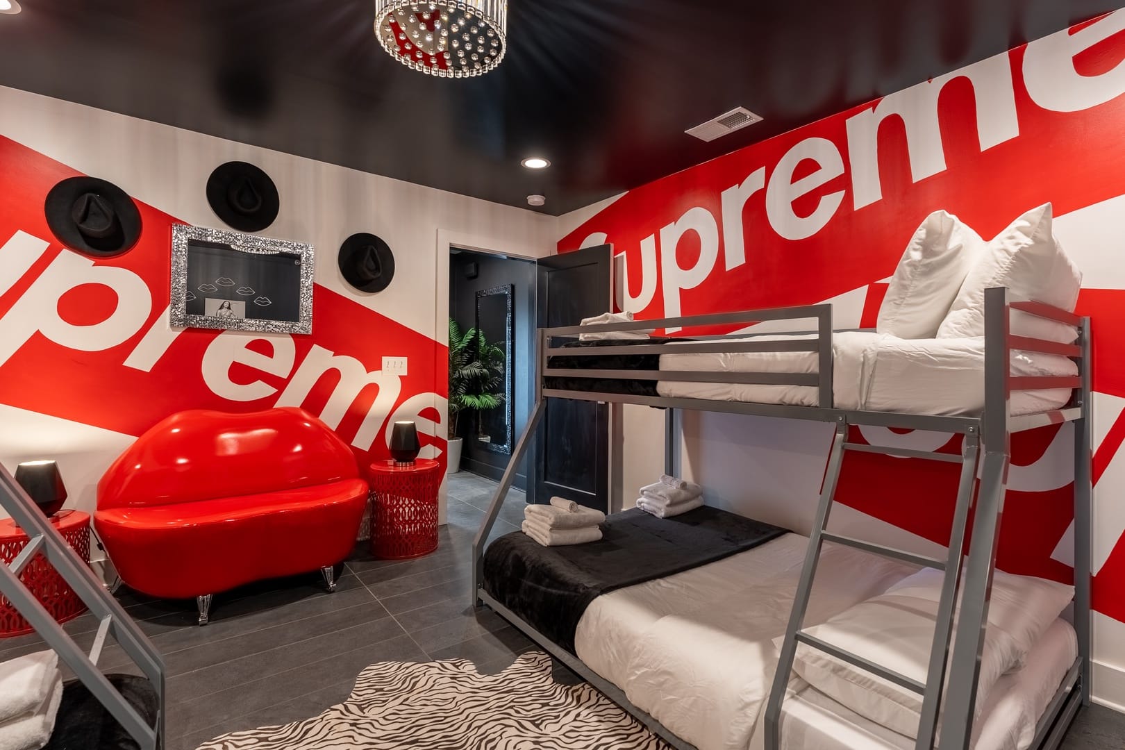 Supreme-themed bunk bed room.