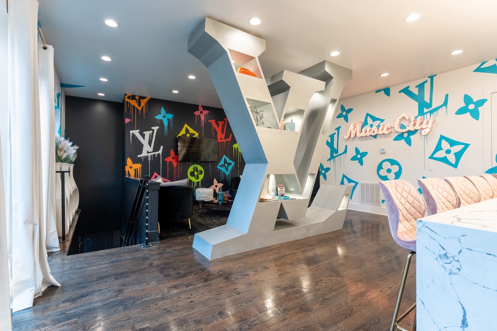 Modern room with colorful graffiti.