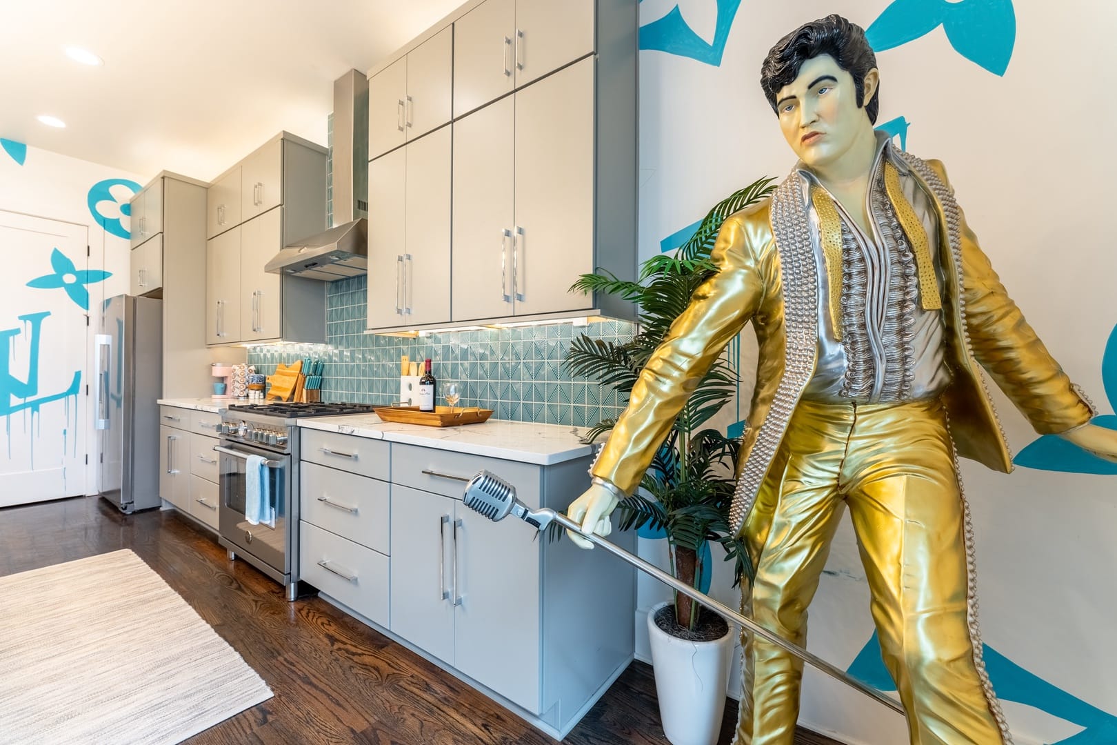 Kitchen with gold statue decoration.