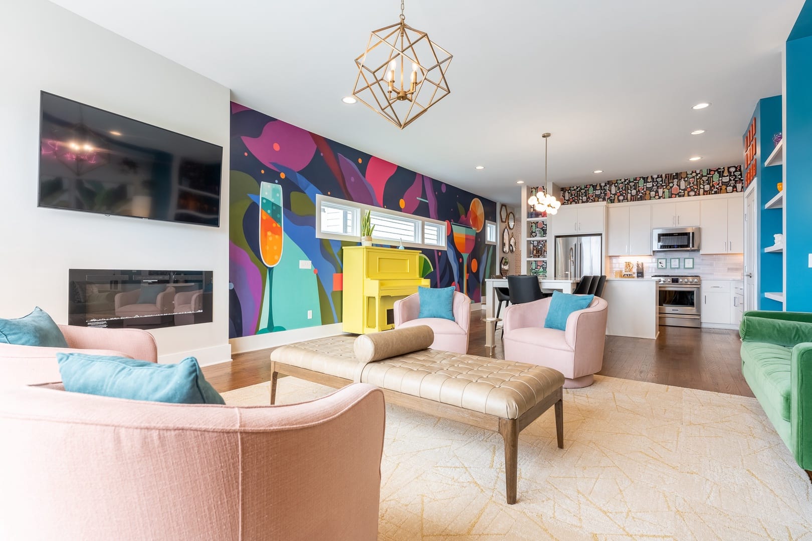 Colorful contemporary living room kitchen.