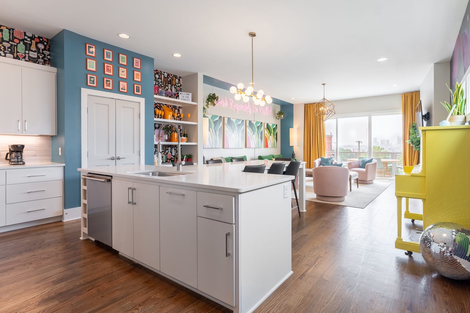 Modern kitchen and living room.