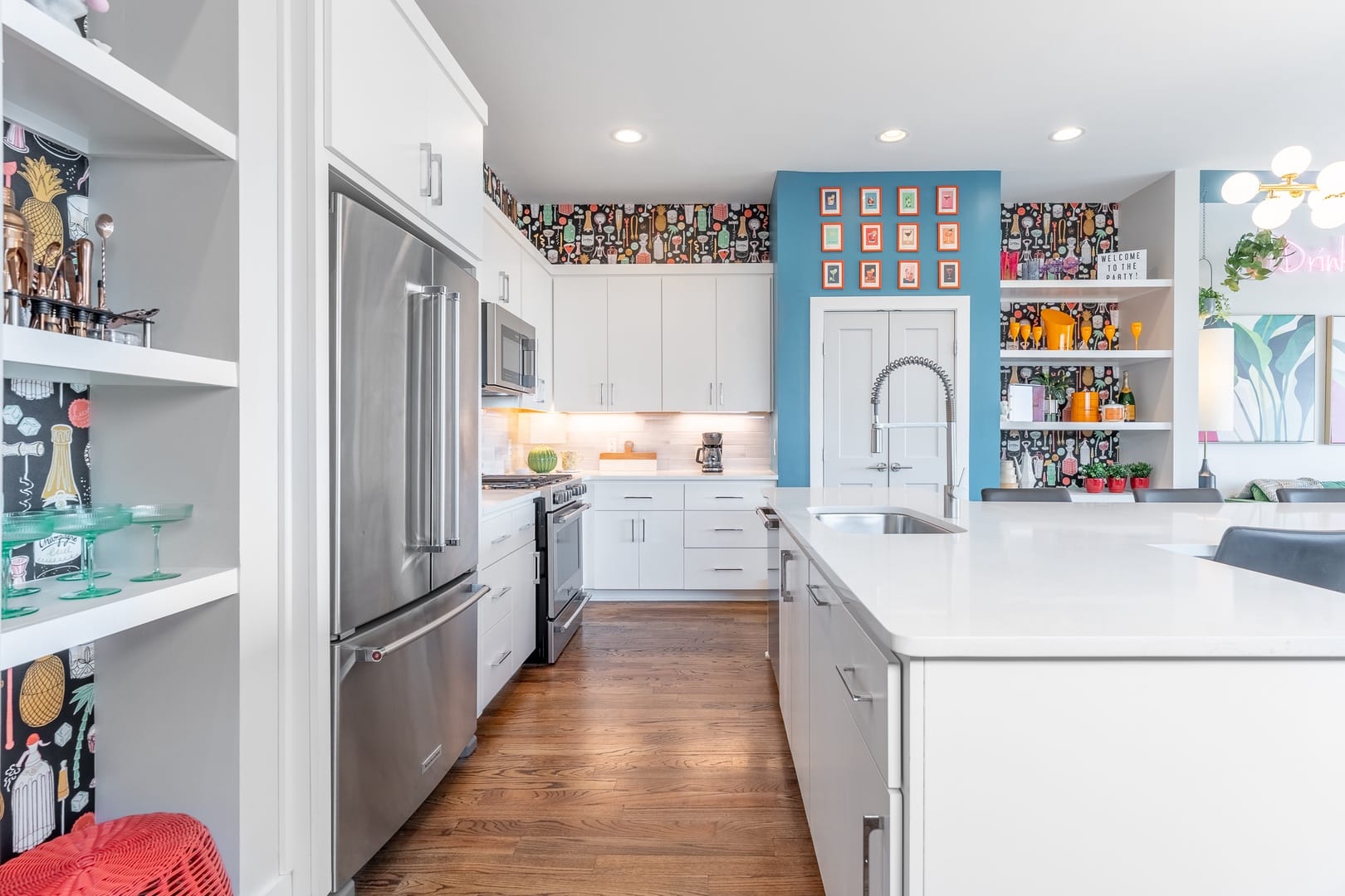 Modern kitchen with colorful accents.