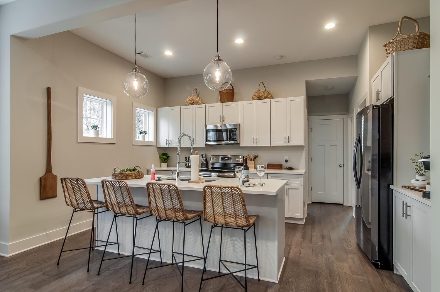 Modern kitchen with island seating.