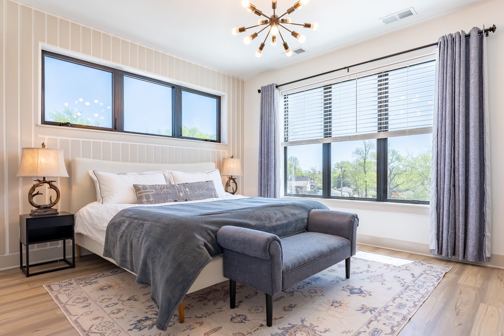 Modern bedroom with large windows.