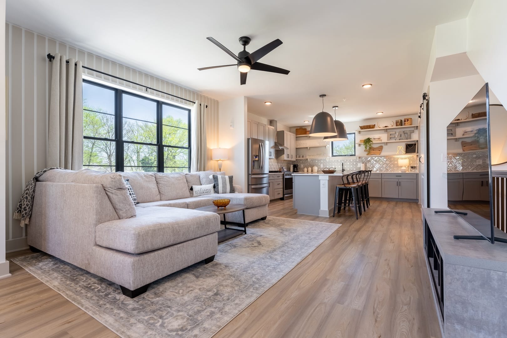 Modern open-plan living room kitchen.