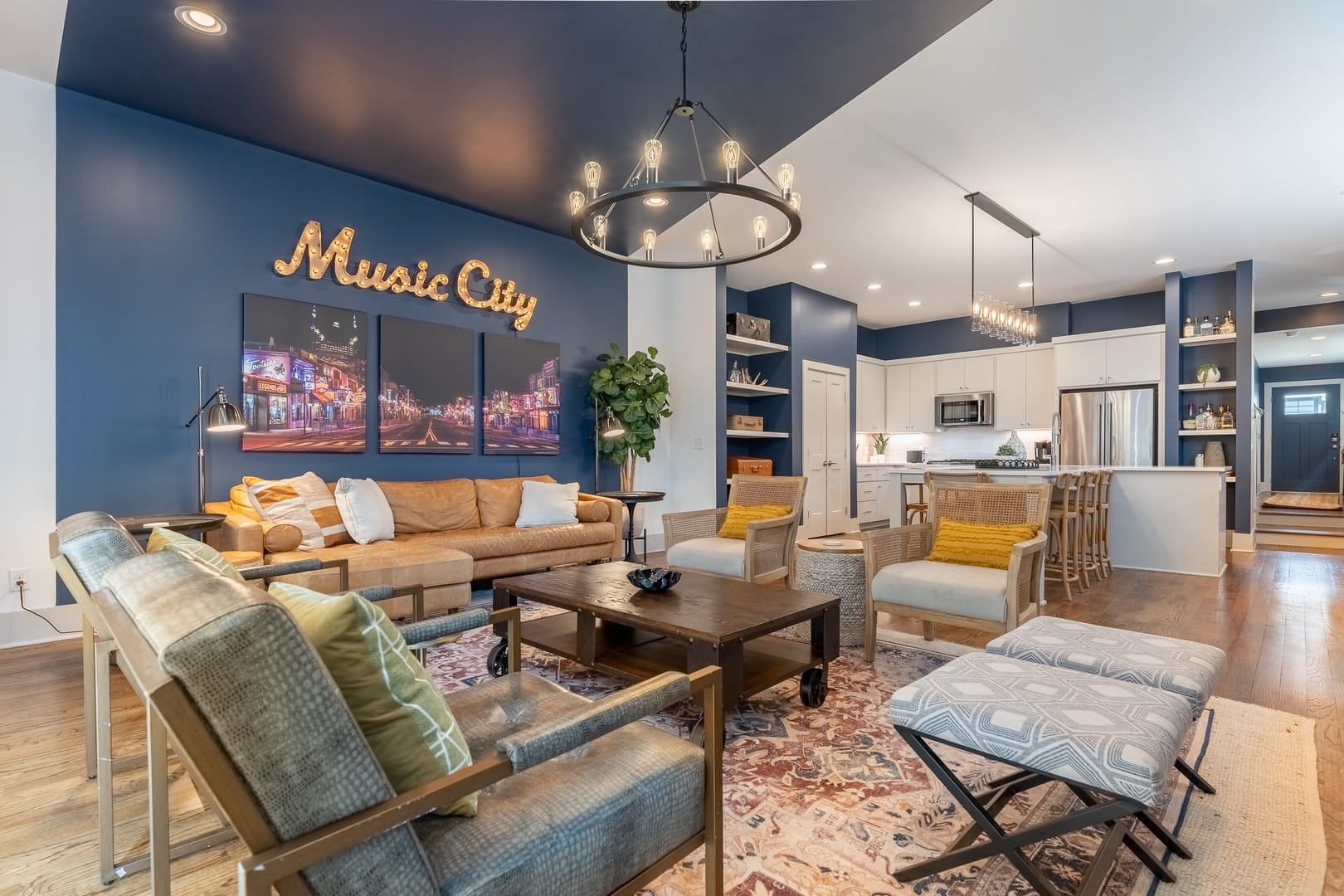 Modern living area with "Music City" sign.