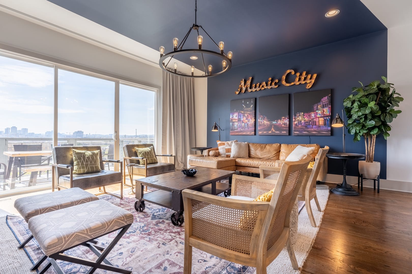 Stylish living room with "Music City".