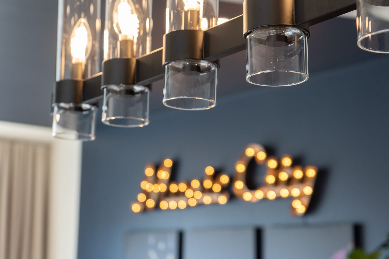 Close-up of chandelier with bulbs.