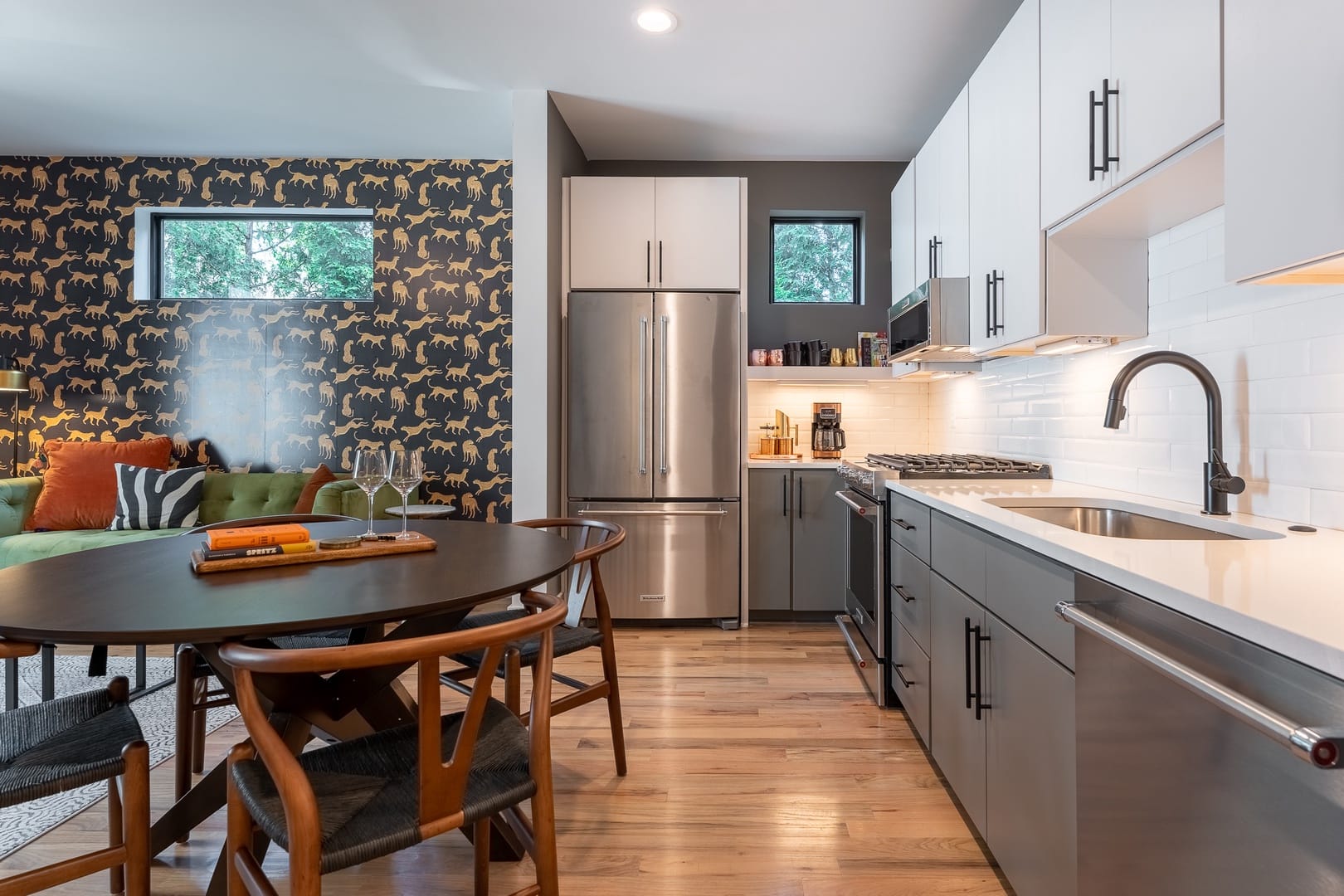 Modern kitchen and dining area.