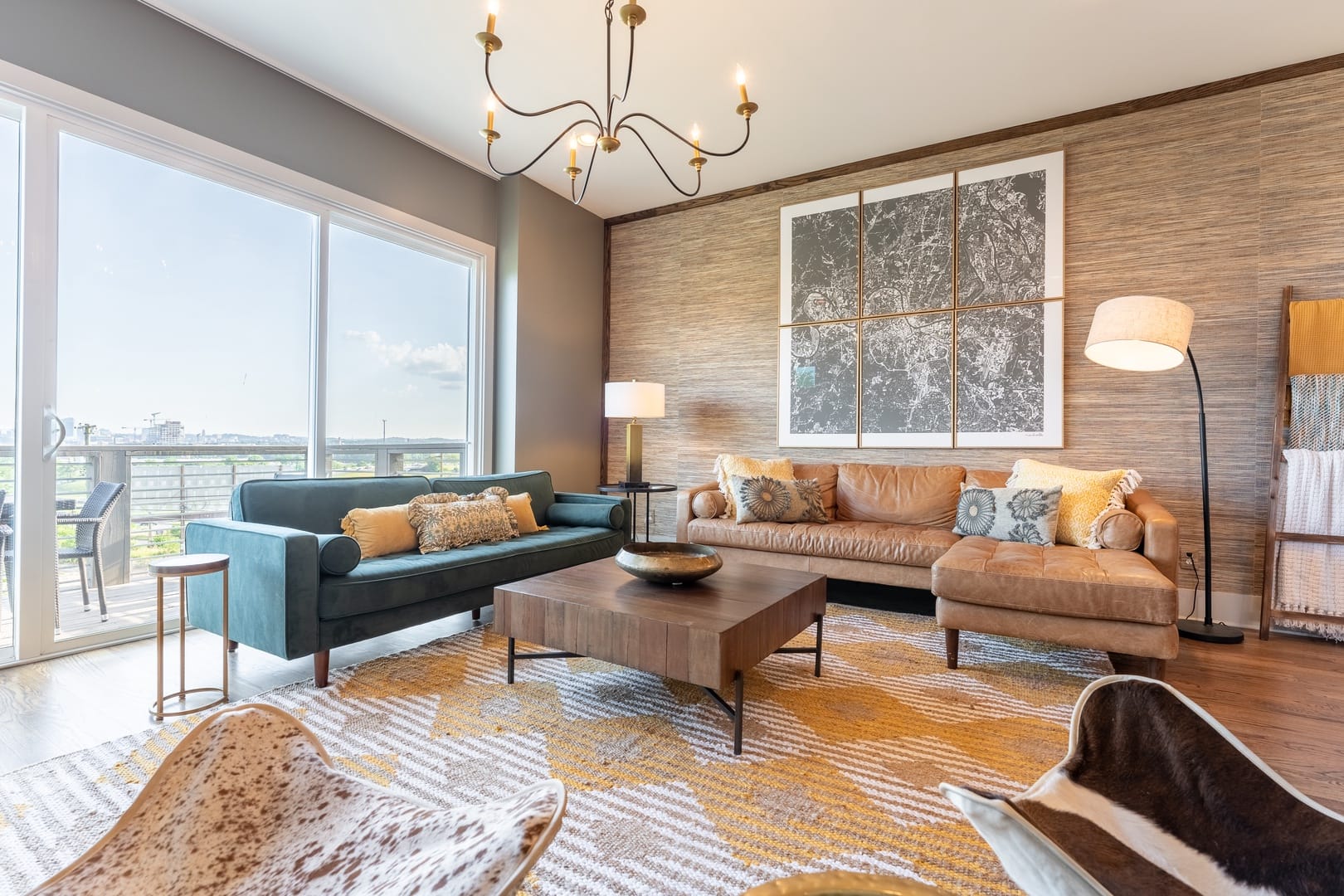 Modern living room with large window.