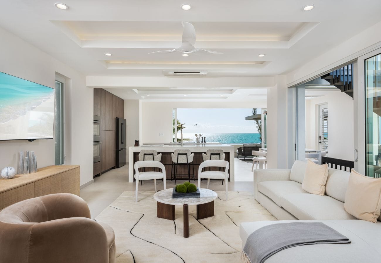 Modern living room with ocean view.