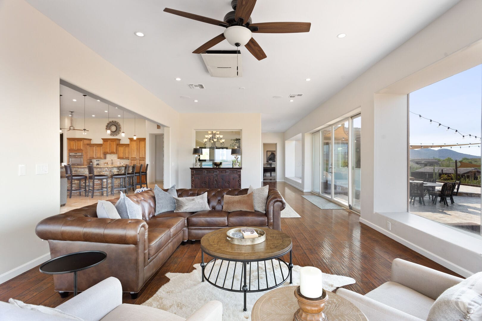 Open living room with leather sofa