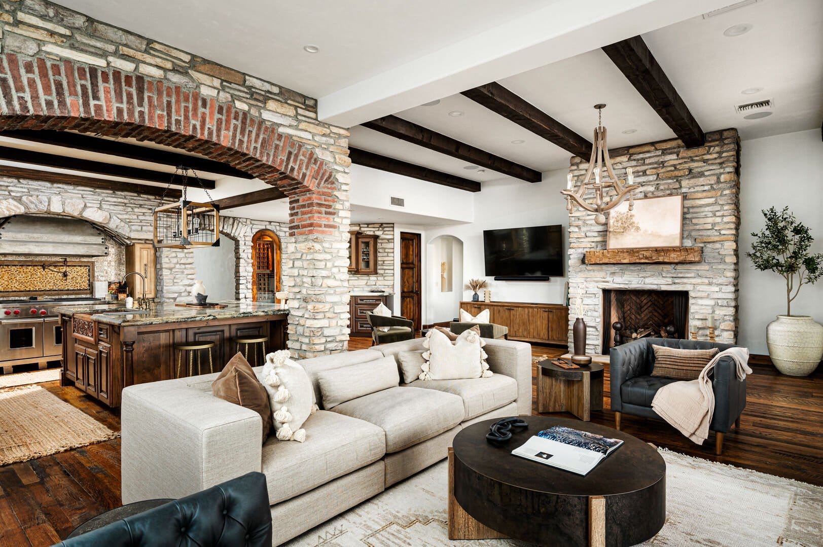 Rustic living room and kitchen area.