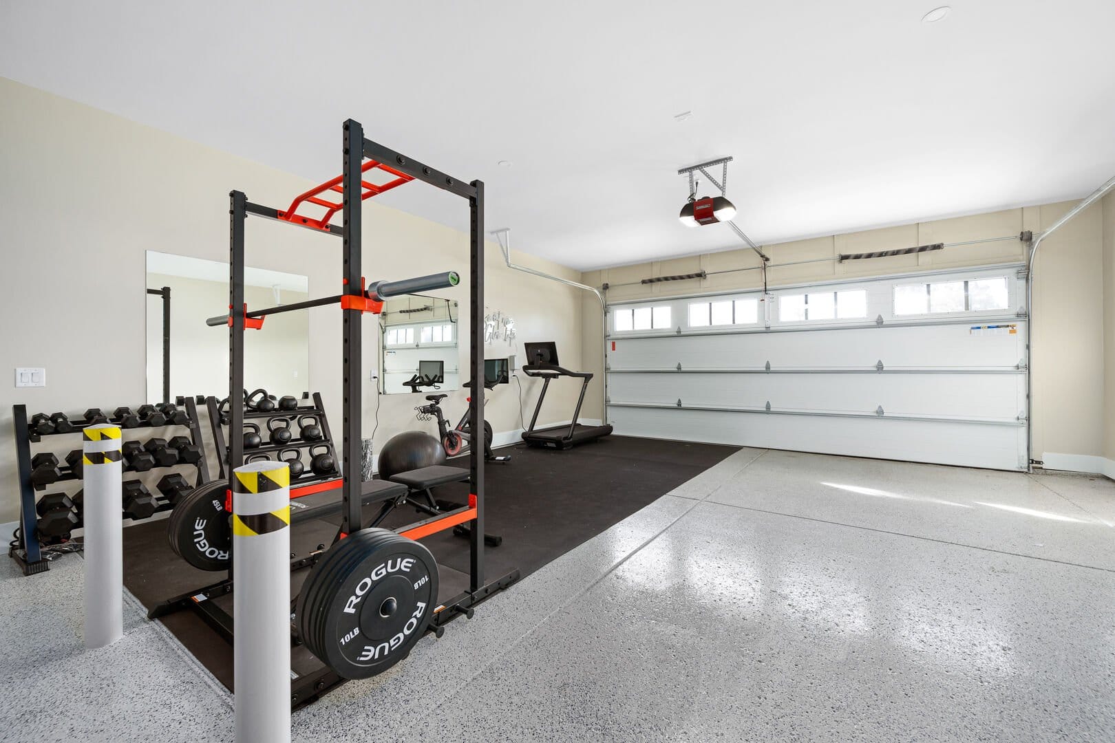 Home gym in a garage.