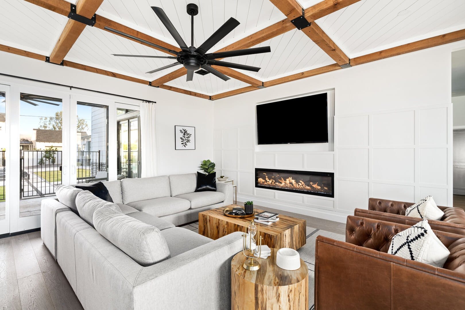 Modern living room with fireplace.