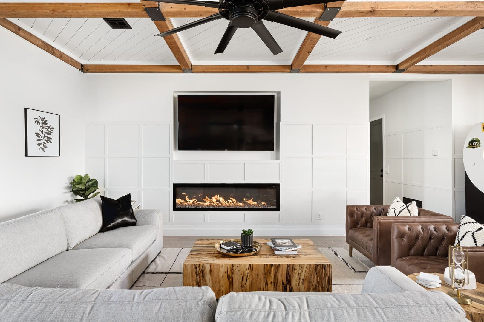 Contemporary living room with fireplace.