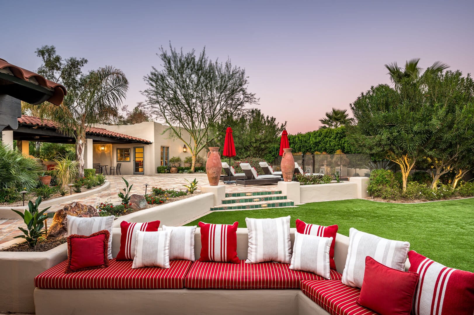 Stylish outdoor patio with seating.