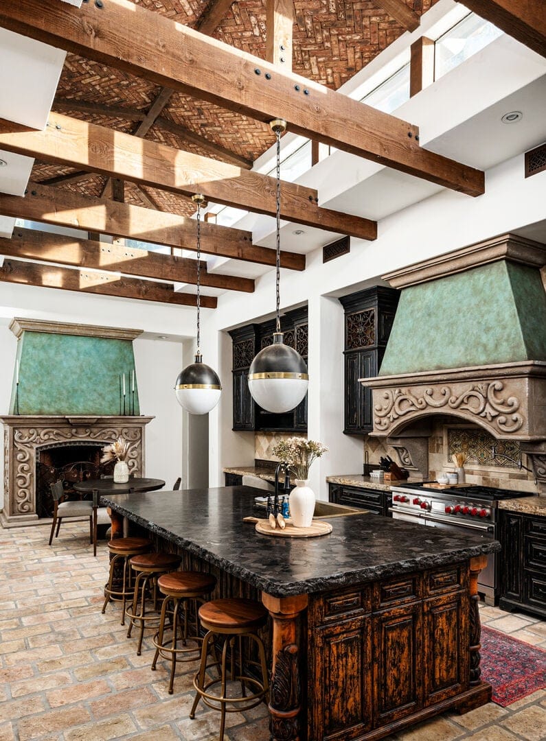 Rustic kitchen with wood beams.