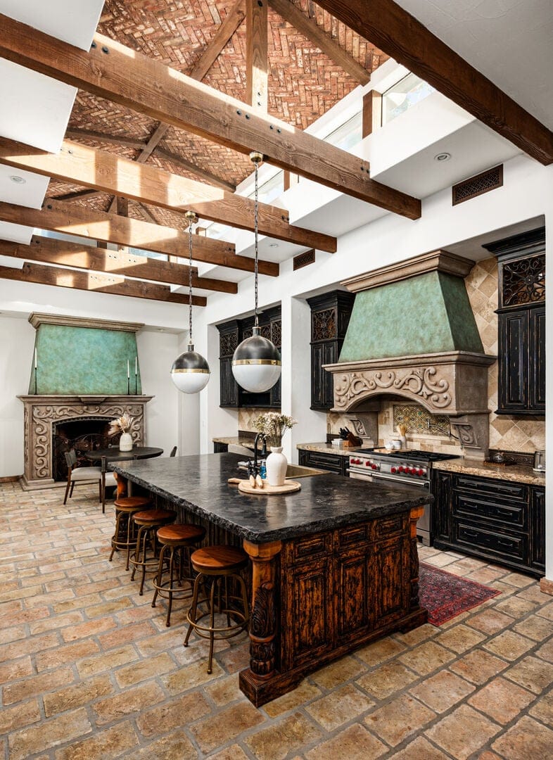 Rustic kitchen with wooden beams.