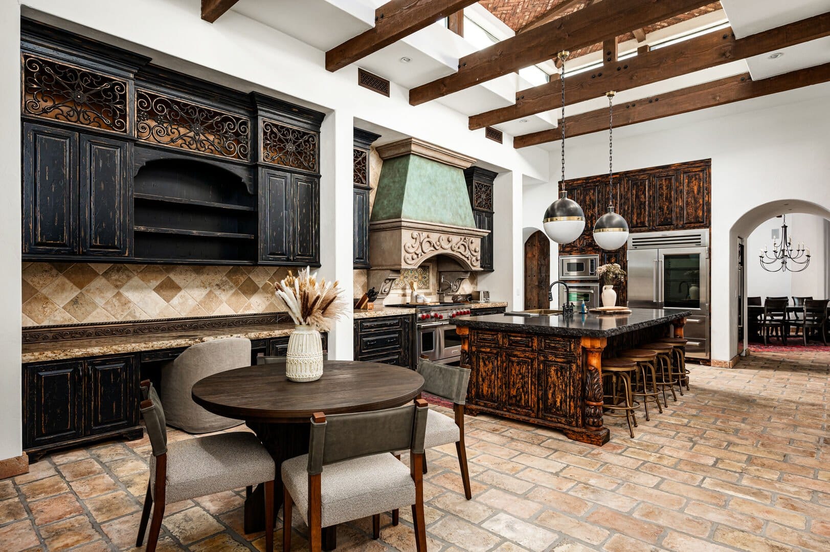 Rustic kitchen with wooden beams.