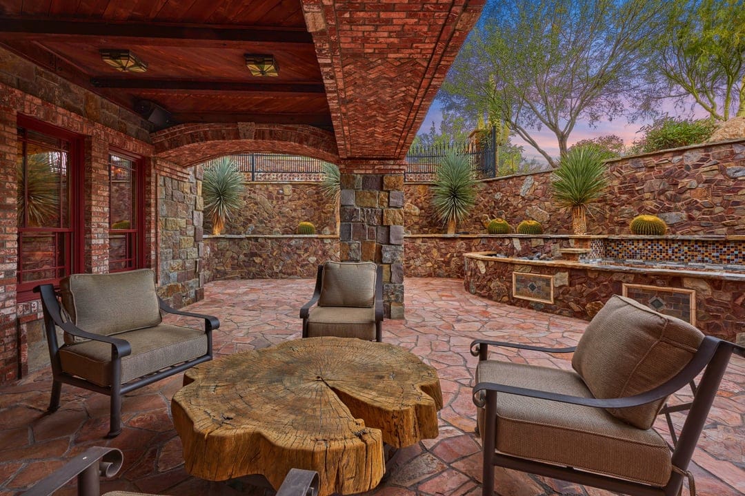 Outdoor patio with stone design.