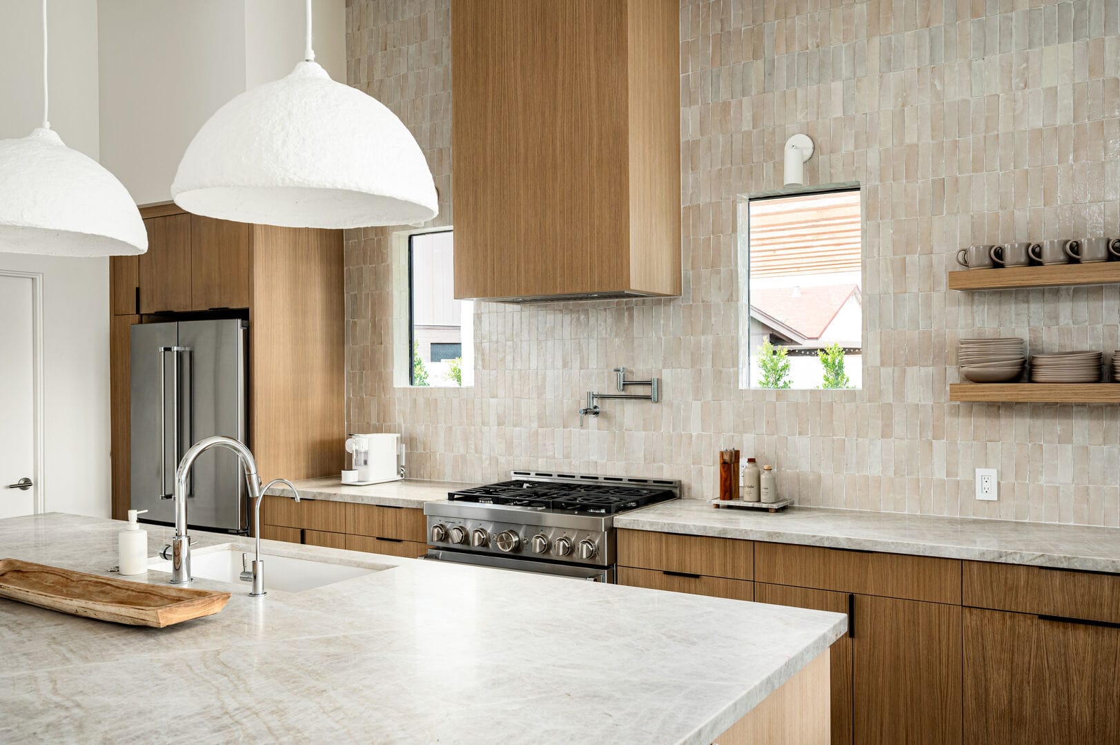 Modern kitchen with wooden cabinets.