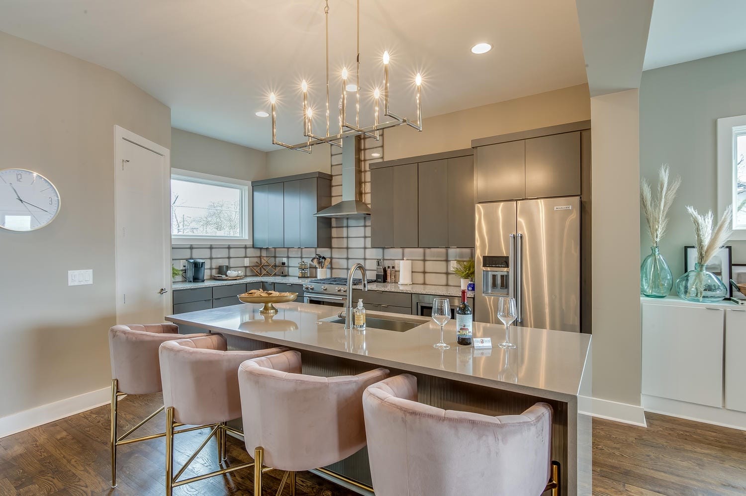 Modern kitchen with island seating.