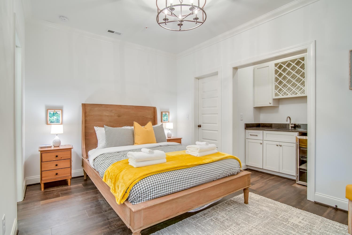 Modern bedroom with wooden accents.