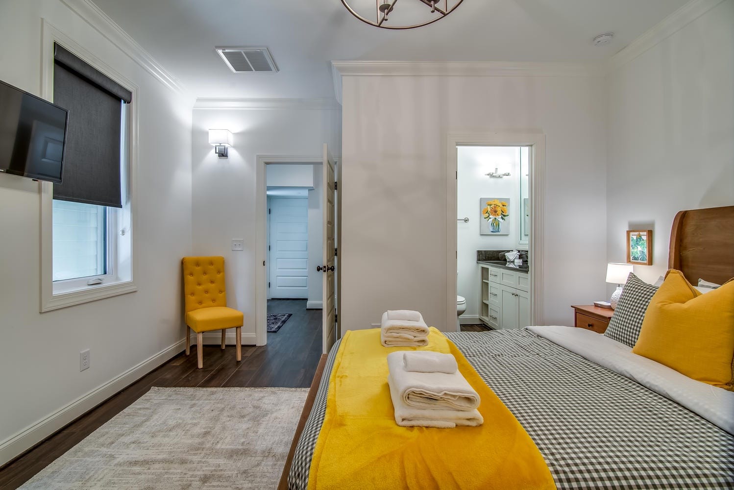 Cozy bedroom with bright accents.