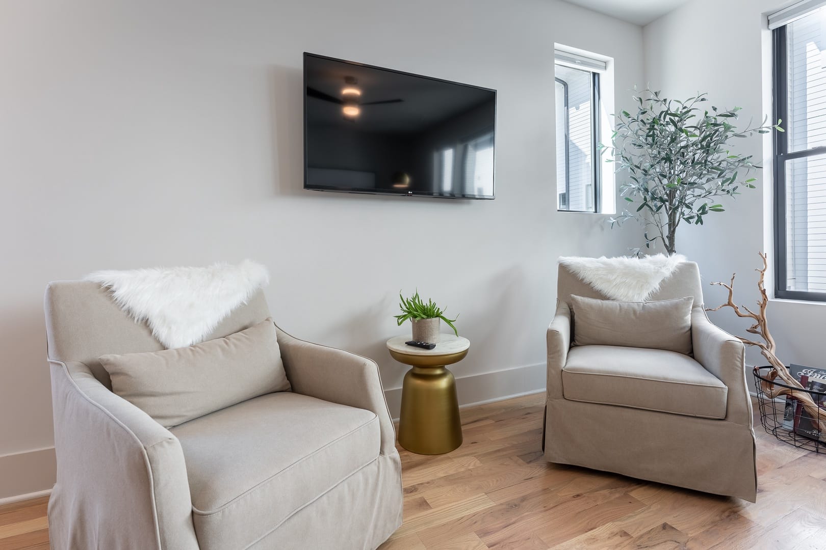 Living room with chairs and TV.