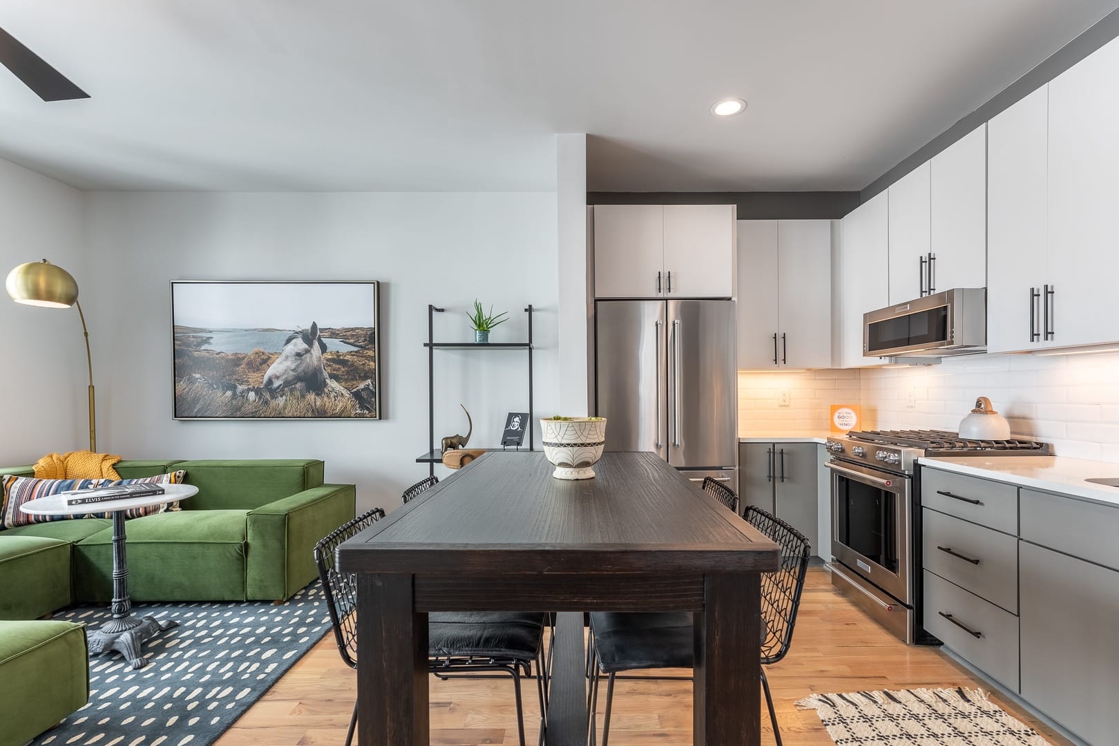 Modern kitchen and living room.