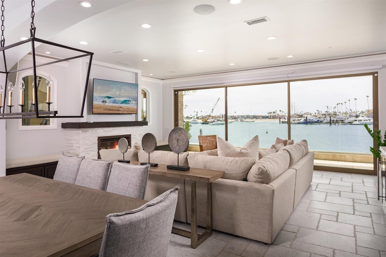 Modern living room with ocean view.