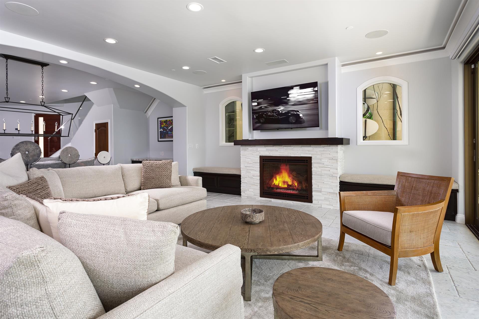 Cozy living room with fireplace.