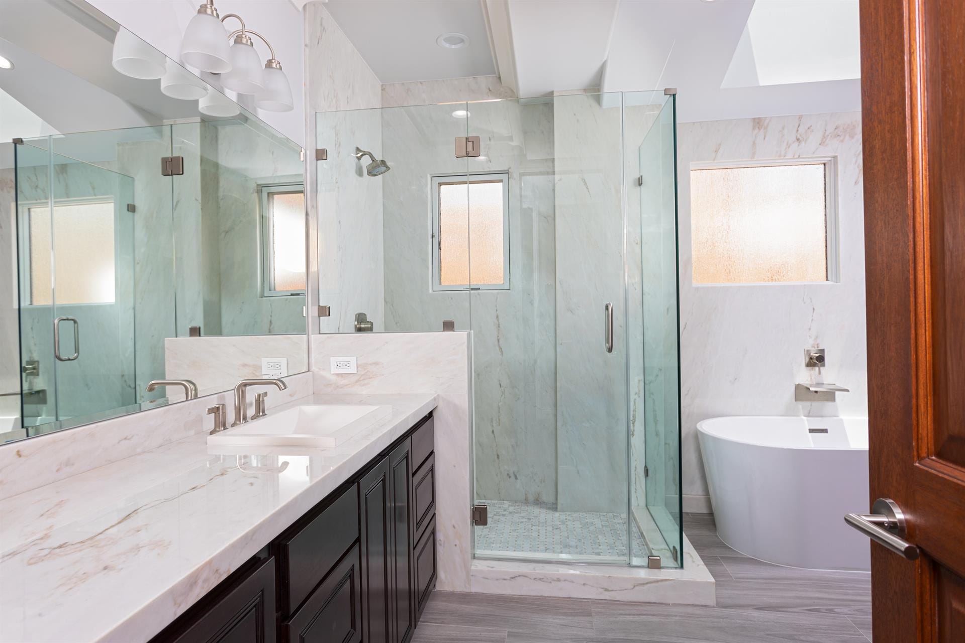 Modern bathroom with glass shower.