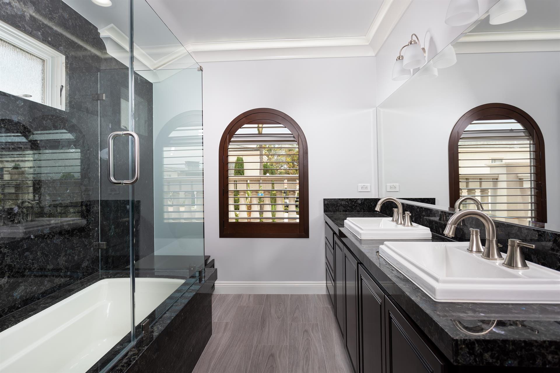 Modern bathroom with double sink.