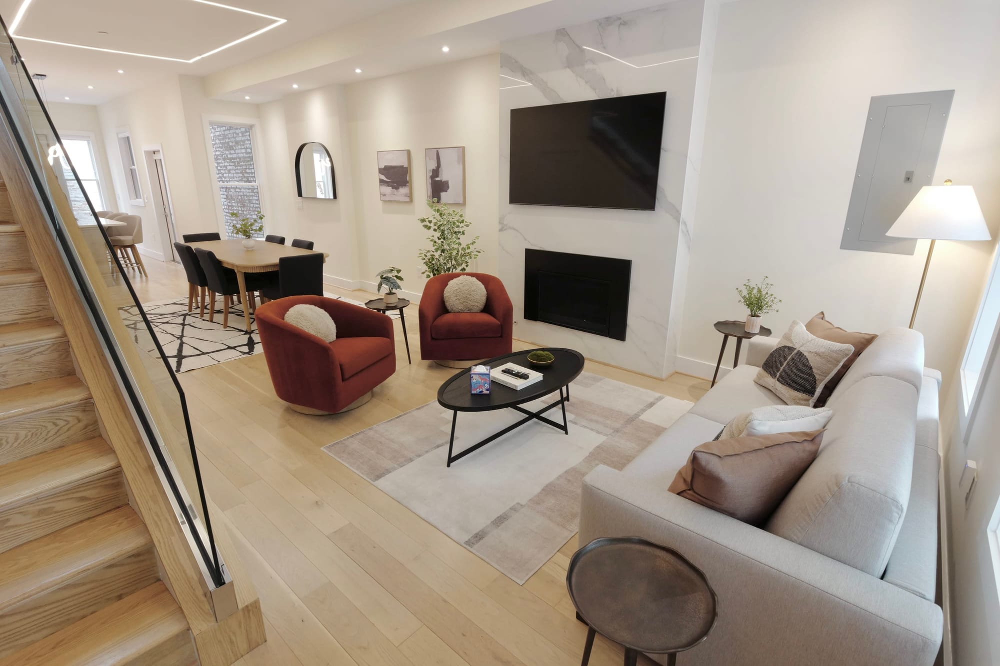 Modern living and dining room interior.