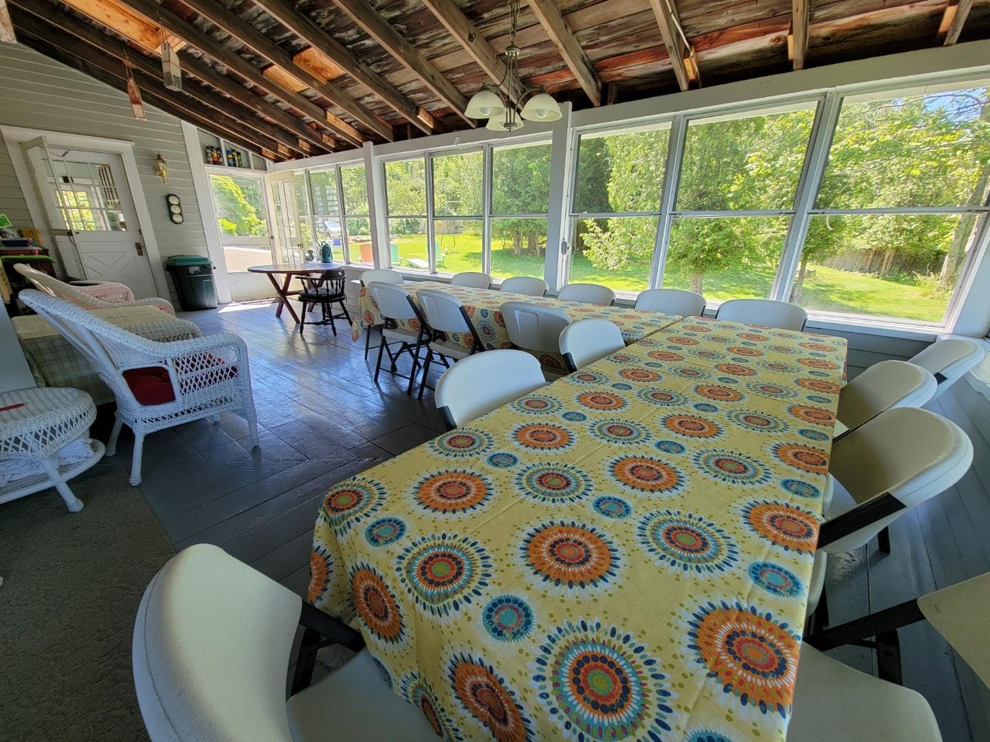 Sunroom with tables and chairs.