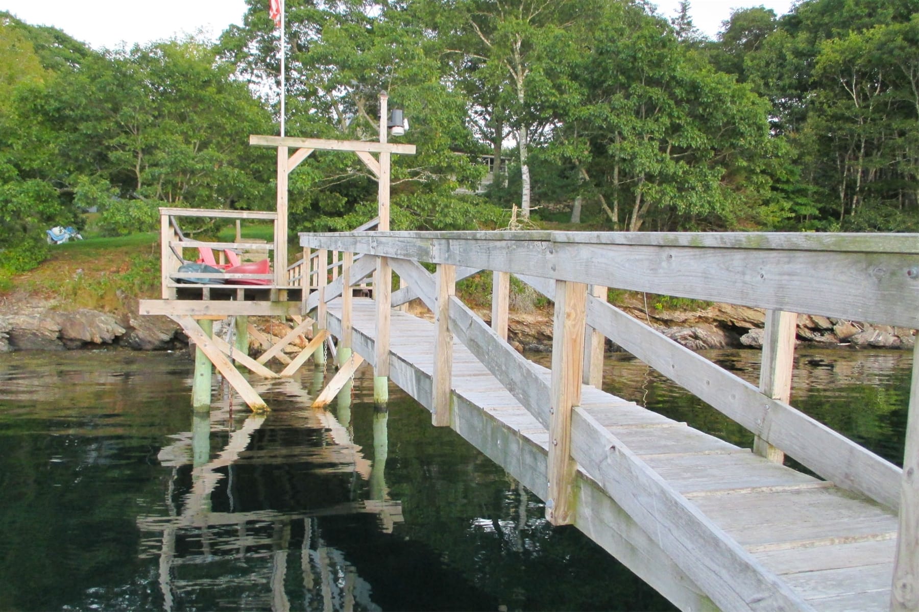 Wooden dock over calm water.