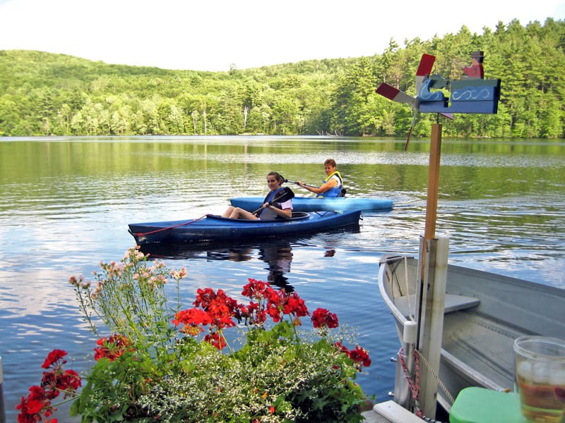 Two people kayaking on lake.