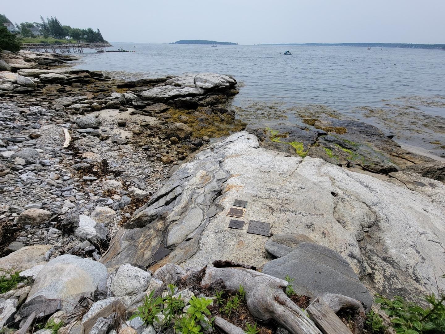 Rocky shoreline with distant island.