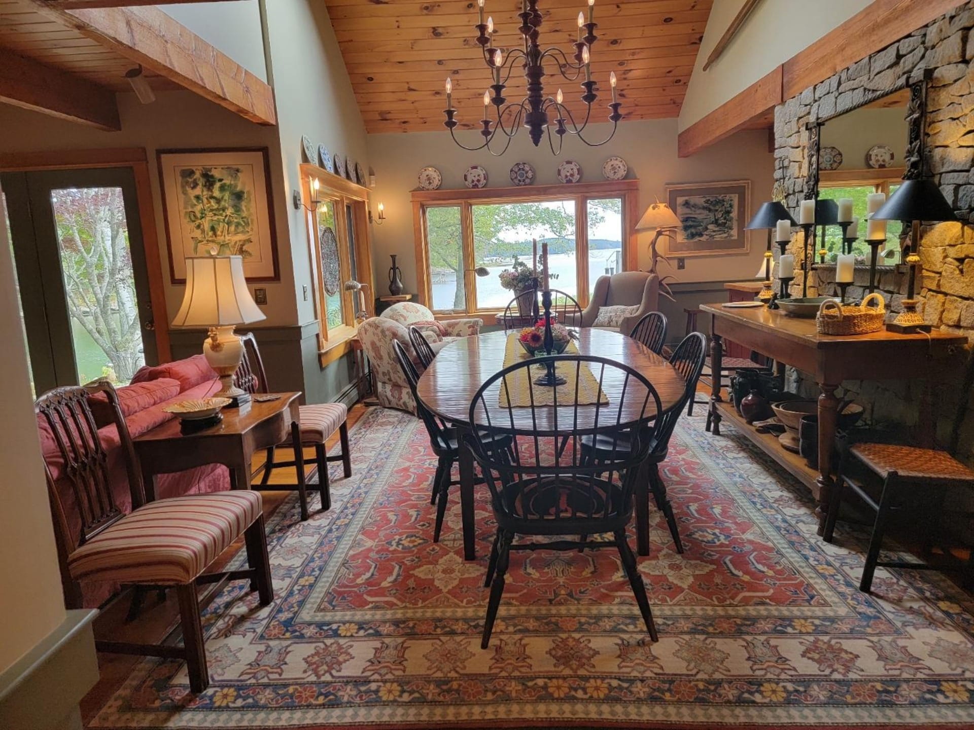 Rustic dining room with lake view.