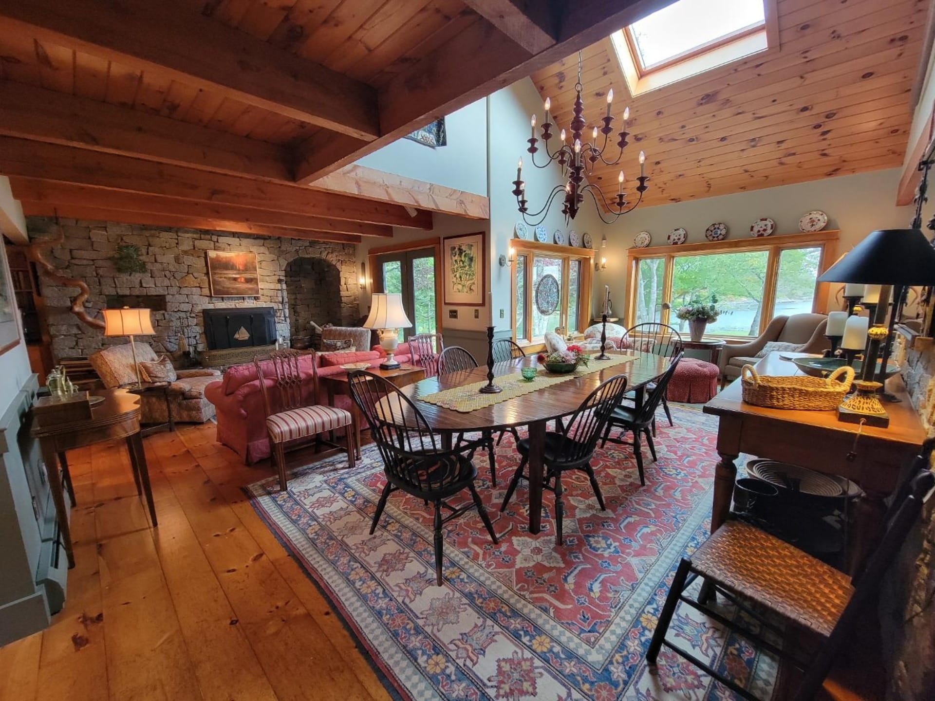 Rustic living room with fireplace.