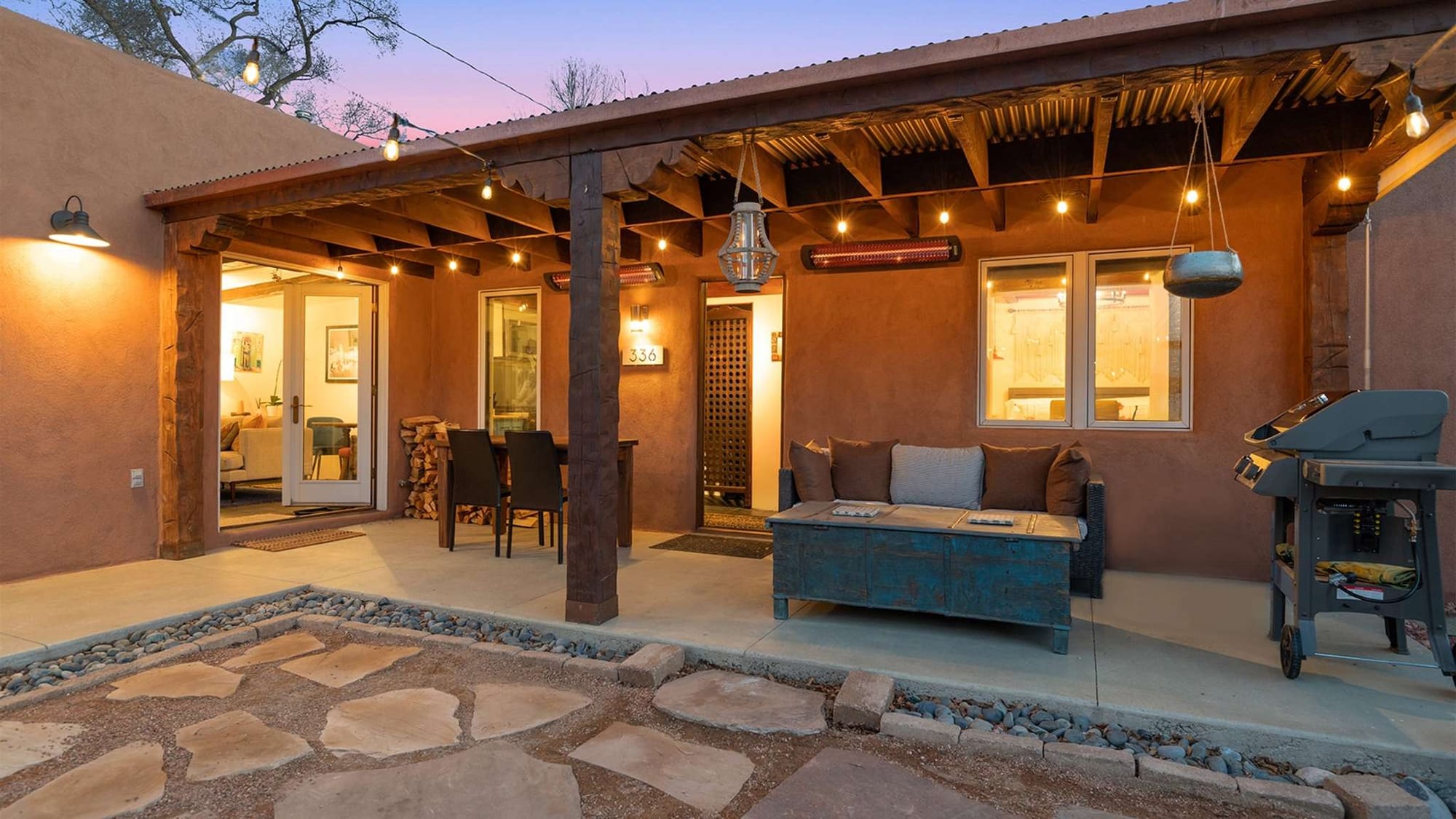 Cozy patio with string lights.