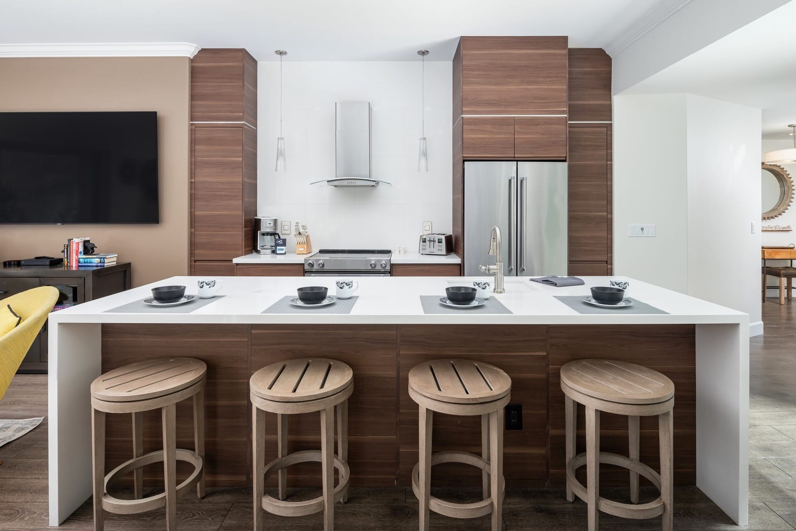 Modern kitchen with island seating.